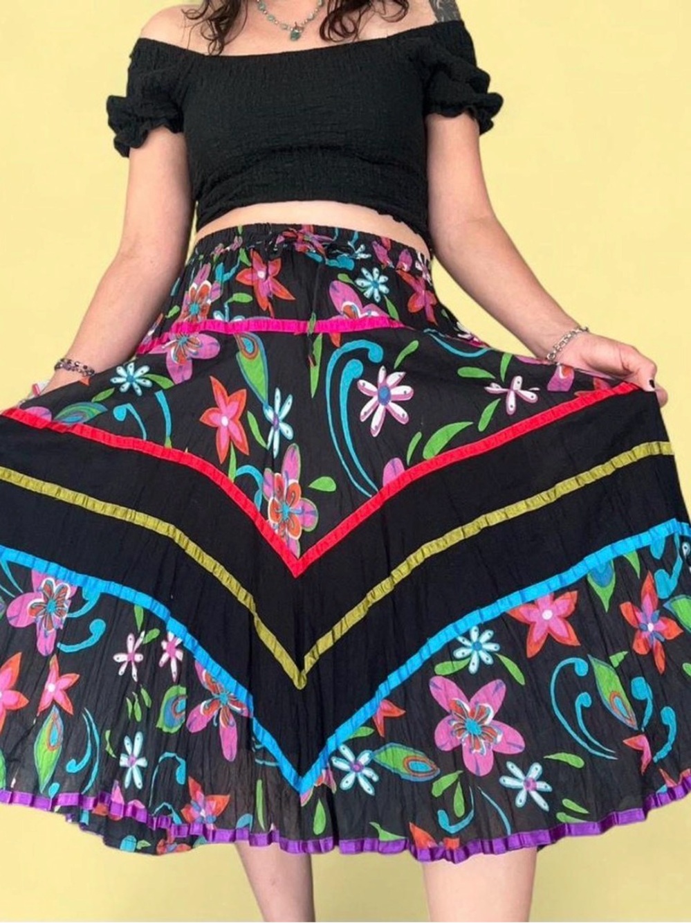 Boho Floral Tiered Midi Skirt in Black with Multicolor Accents